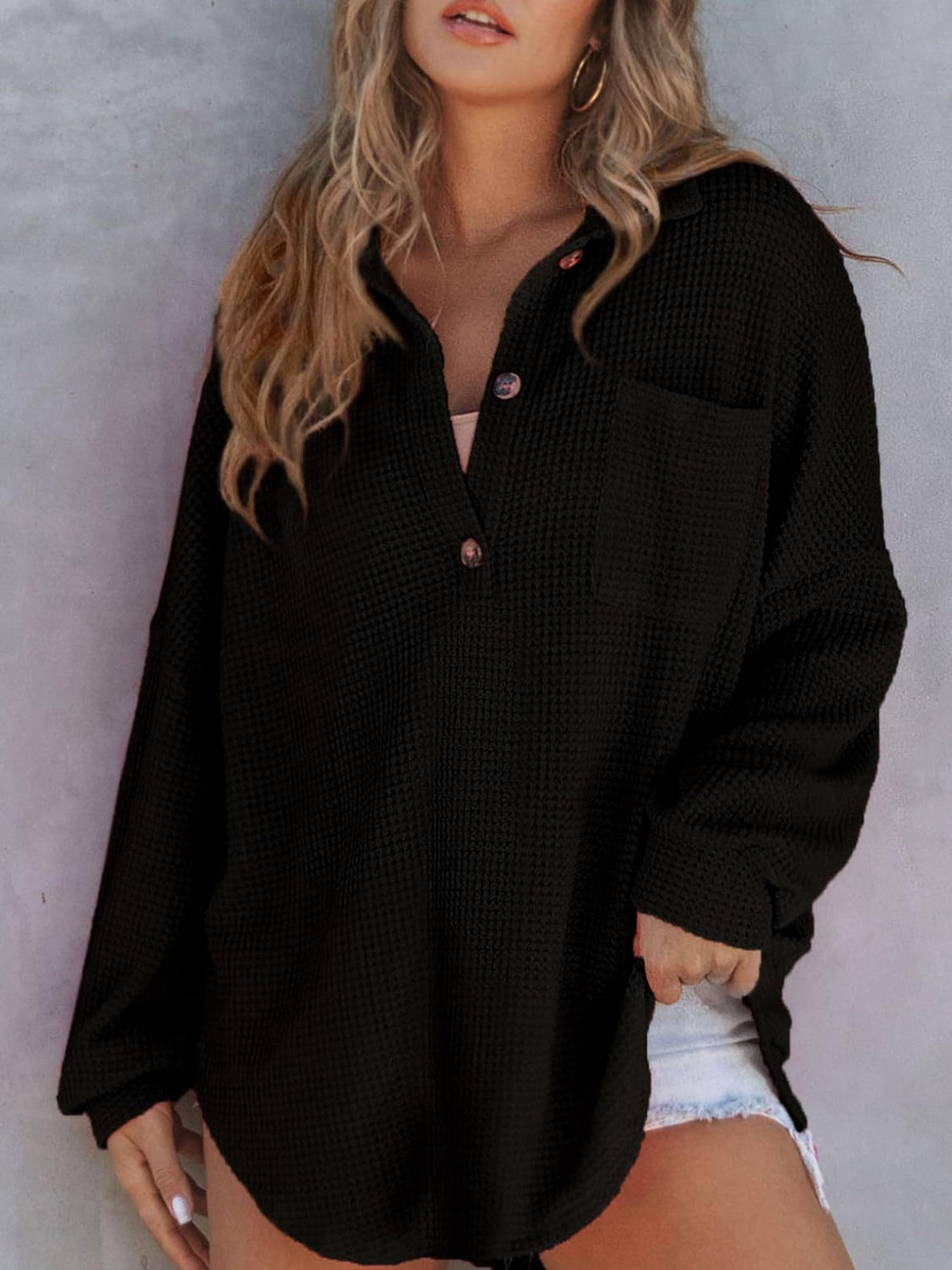 Waffle-Knit Dropped Shoulder Long Sweatshirt