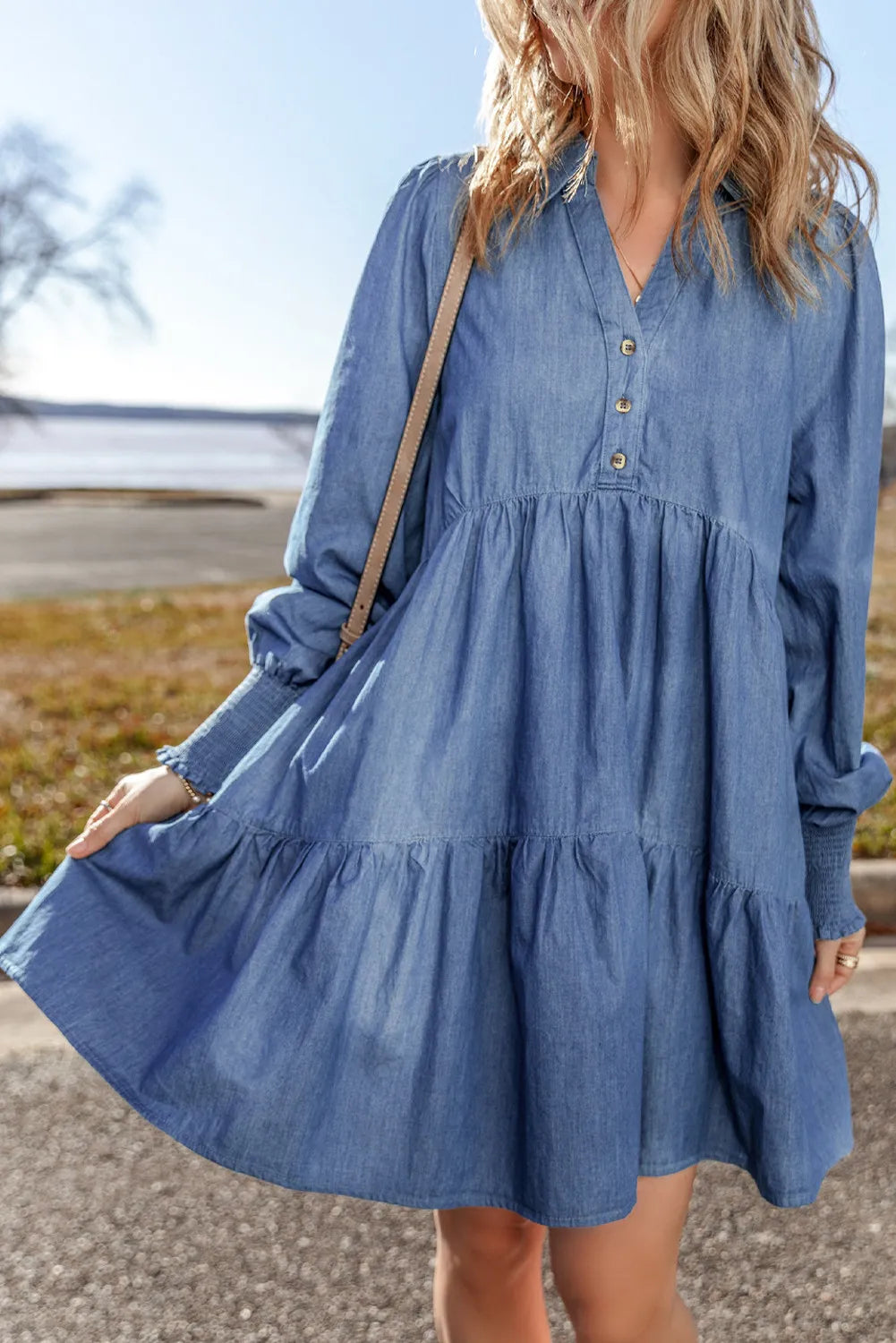 Tiered Johnny Collar Denim Dress