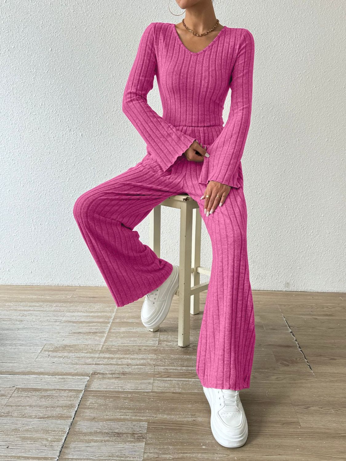 Ribbed Long Sleeve Top and Pants Set