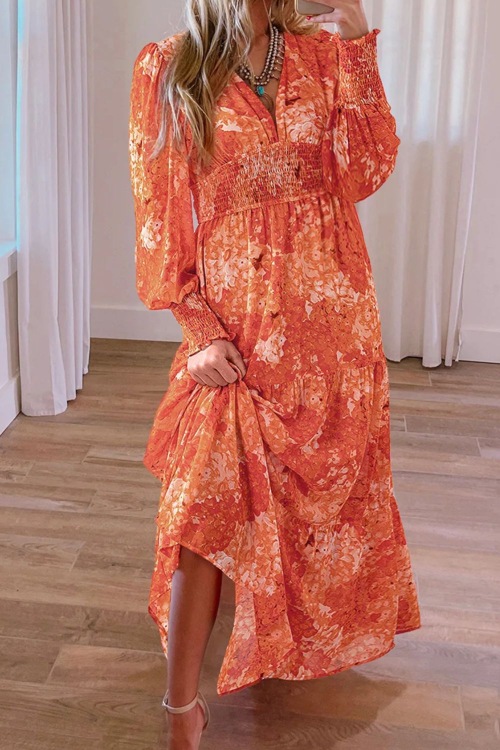 Orange Smocked Long Sleeve Dress