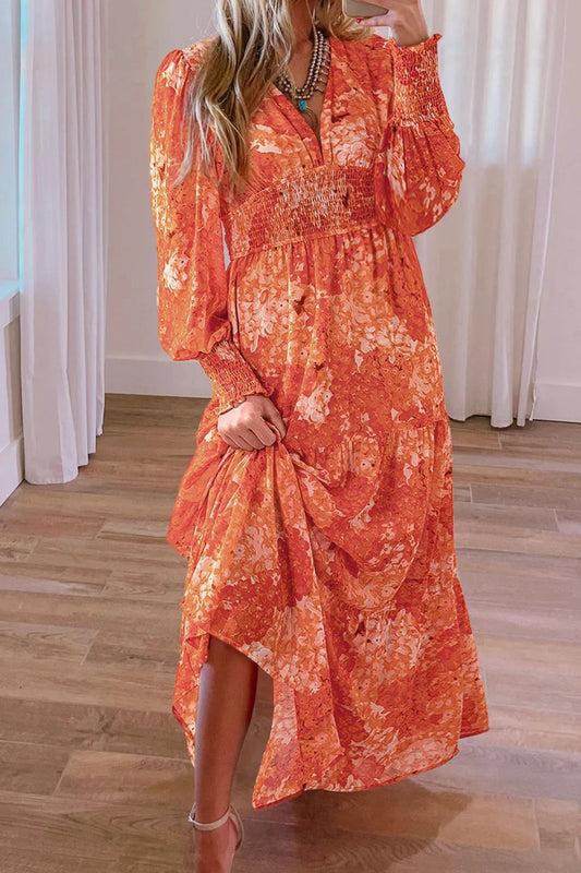 Orange Smocked Long Sleeve Dress