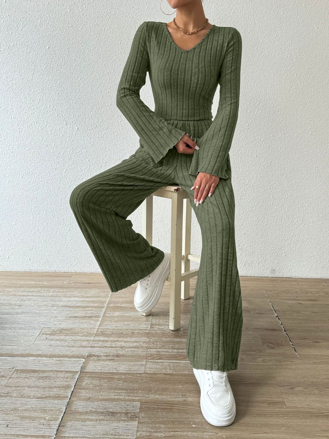 Ribbed Long Sleeve Top and Pants Set