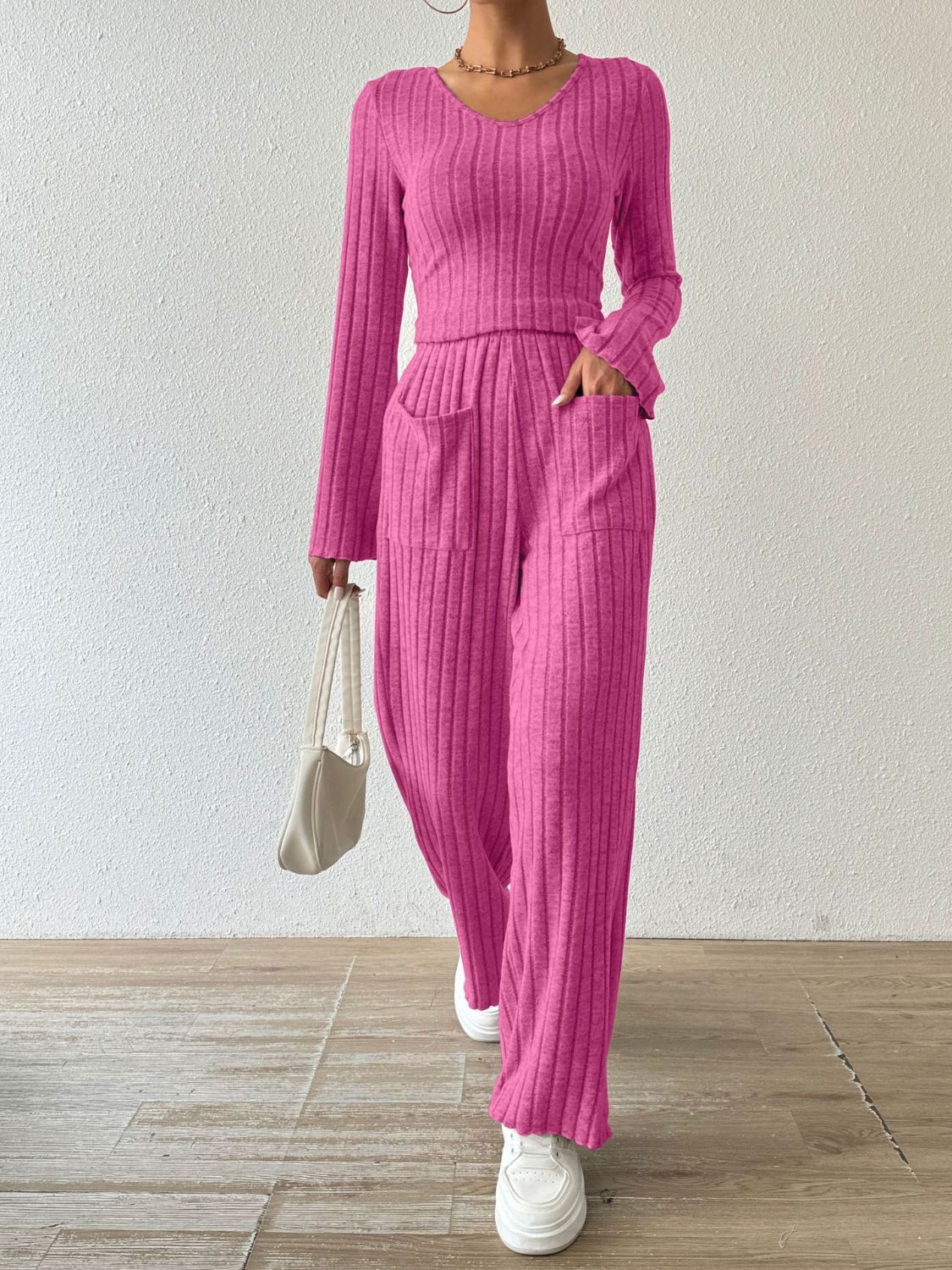 Ribbed Long Sleeve Top and Pants Set