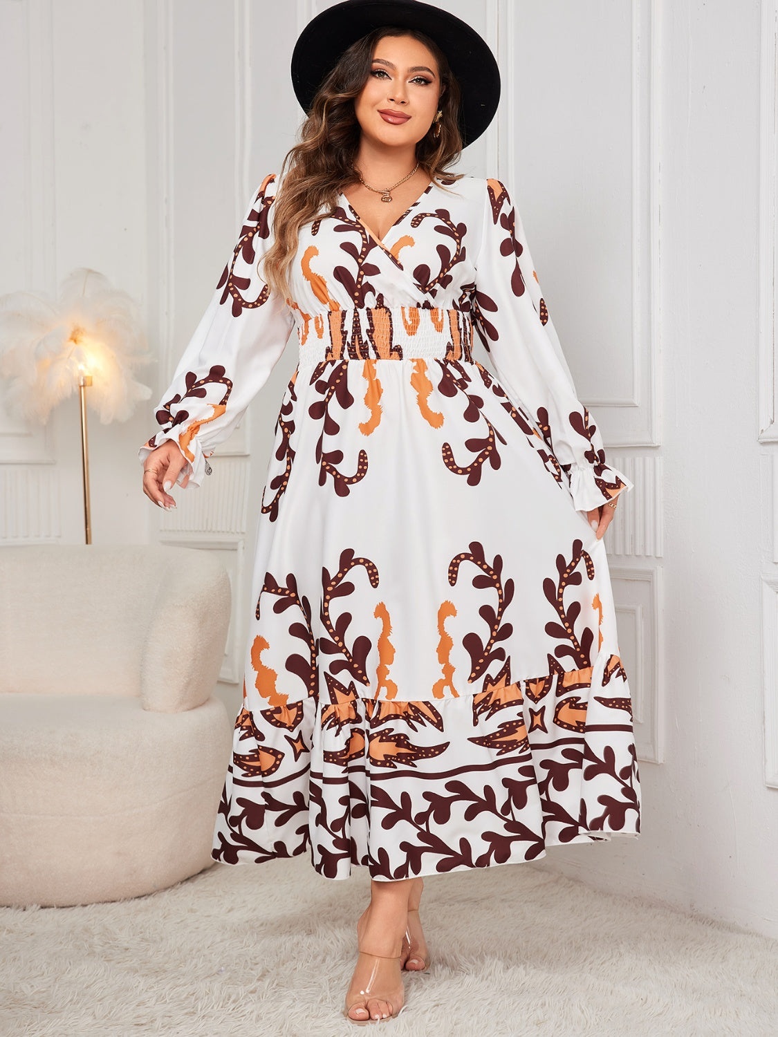 Plus Size Surplice Flounce Sleeve Dress