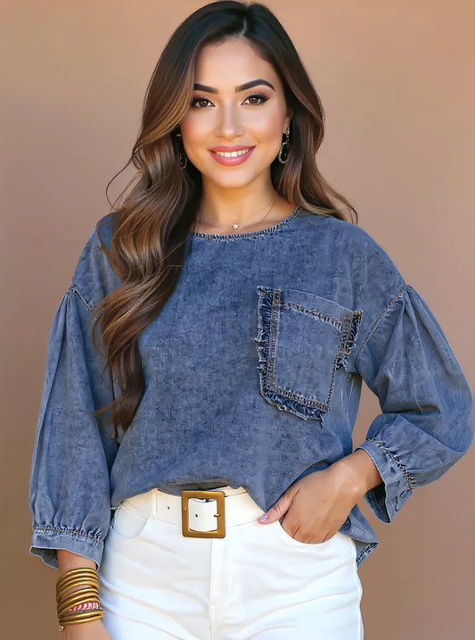 Ruffled Patch Pocket Denim Blouse