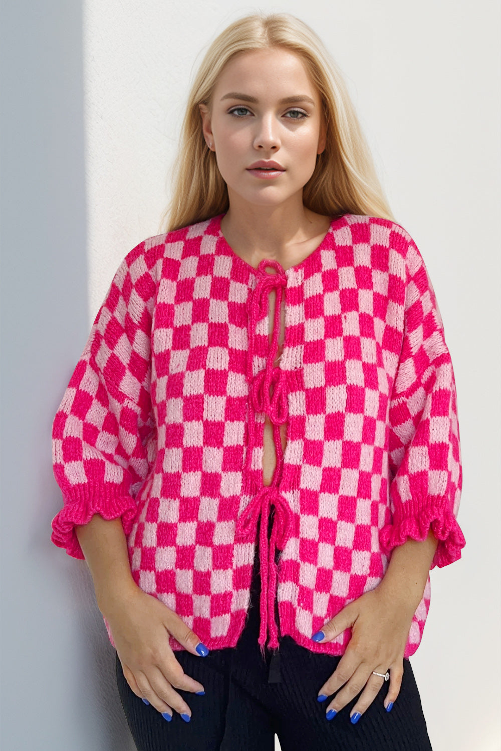 Checkered Flounce Sleeve Cardigan