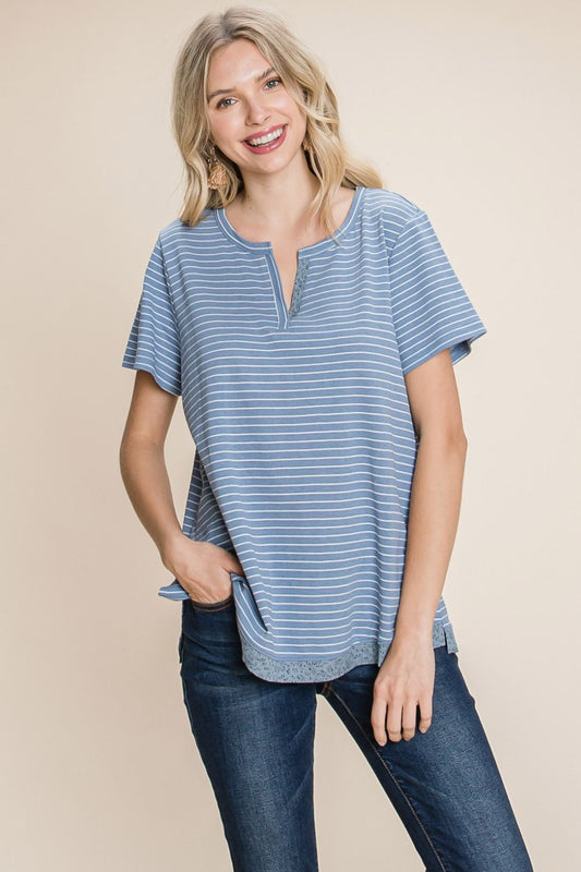 Denim Stripe Notched T-Shirt