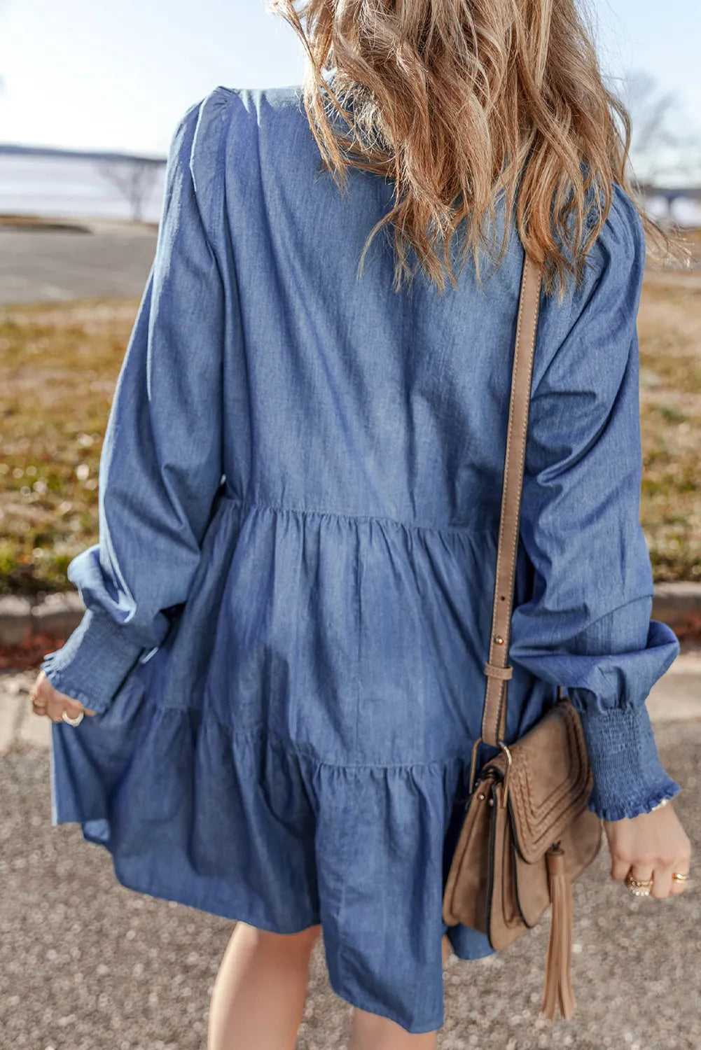 Tiered Johnny Collar Denim Dress