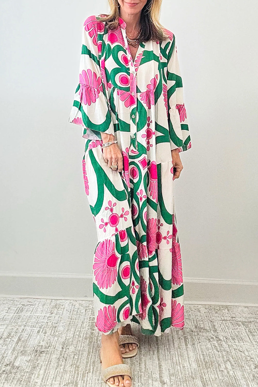 Pink Abstract Half Button Maxi Dress