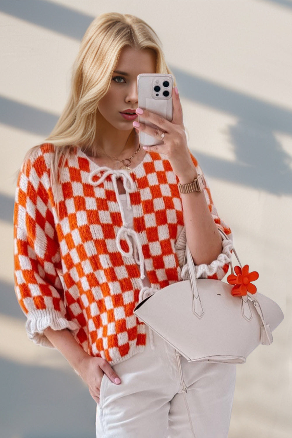 Checkered Flounce Sleeve Cardigan