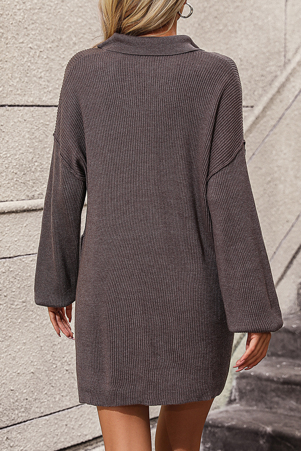 Collared Neck Sweater Dress with Pockets