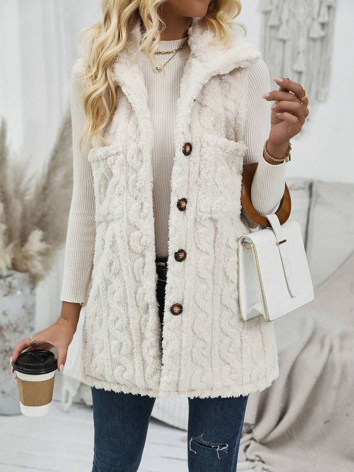 Fuzzy Button Up Vest Coat