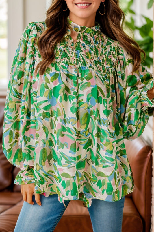 Green Abstract Flounce Sleeve Blouse