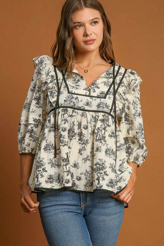 Ruffled Tie Neck Babydoll Blouse