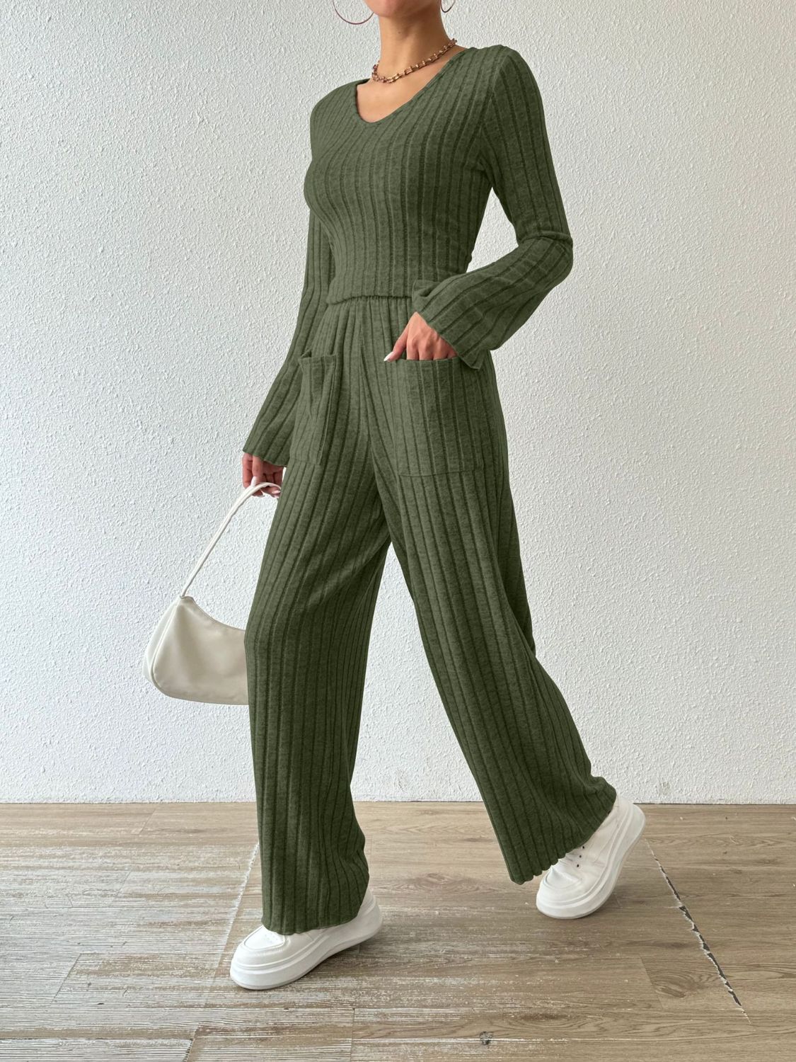 Ribbed Long Sleeve Top and Pants Set