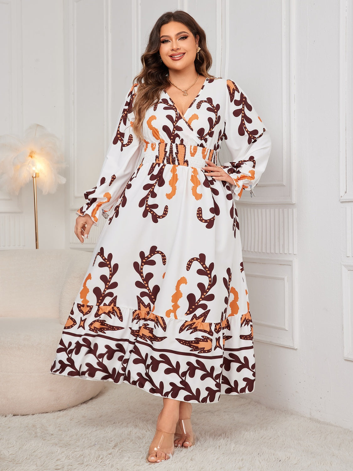 Plus Size Surplice Flounce Sleeve Dress