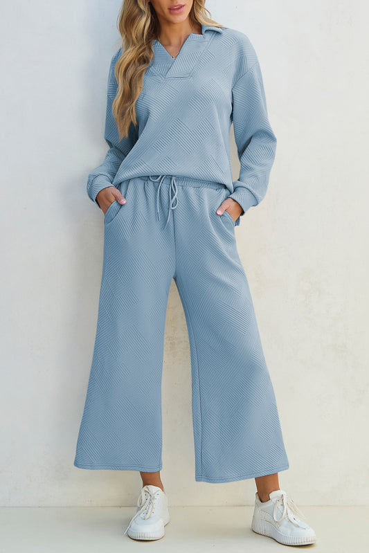 Textured Collared Neck Top and Pants Set