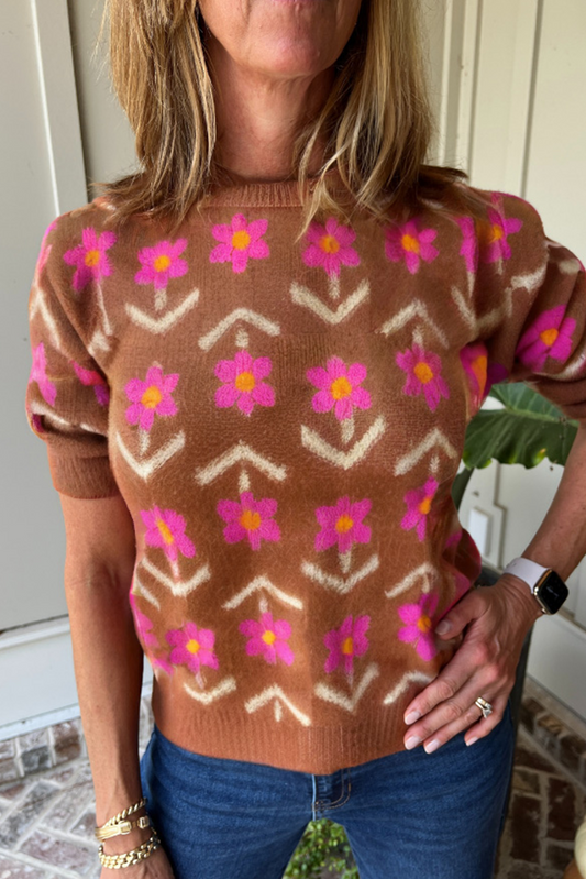 Brown Floral Puff Sleeve Sweater