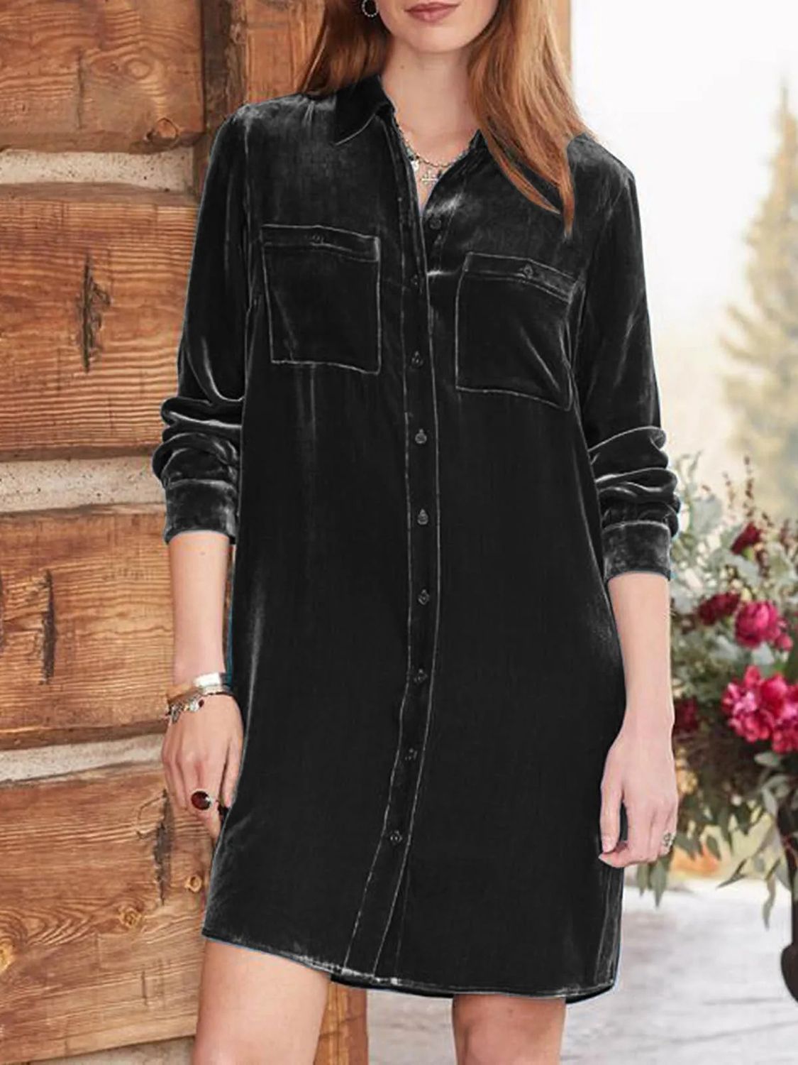 High-Low Button Up Velvet Dress