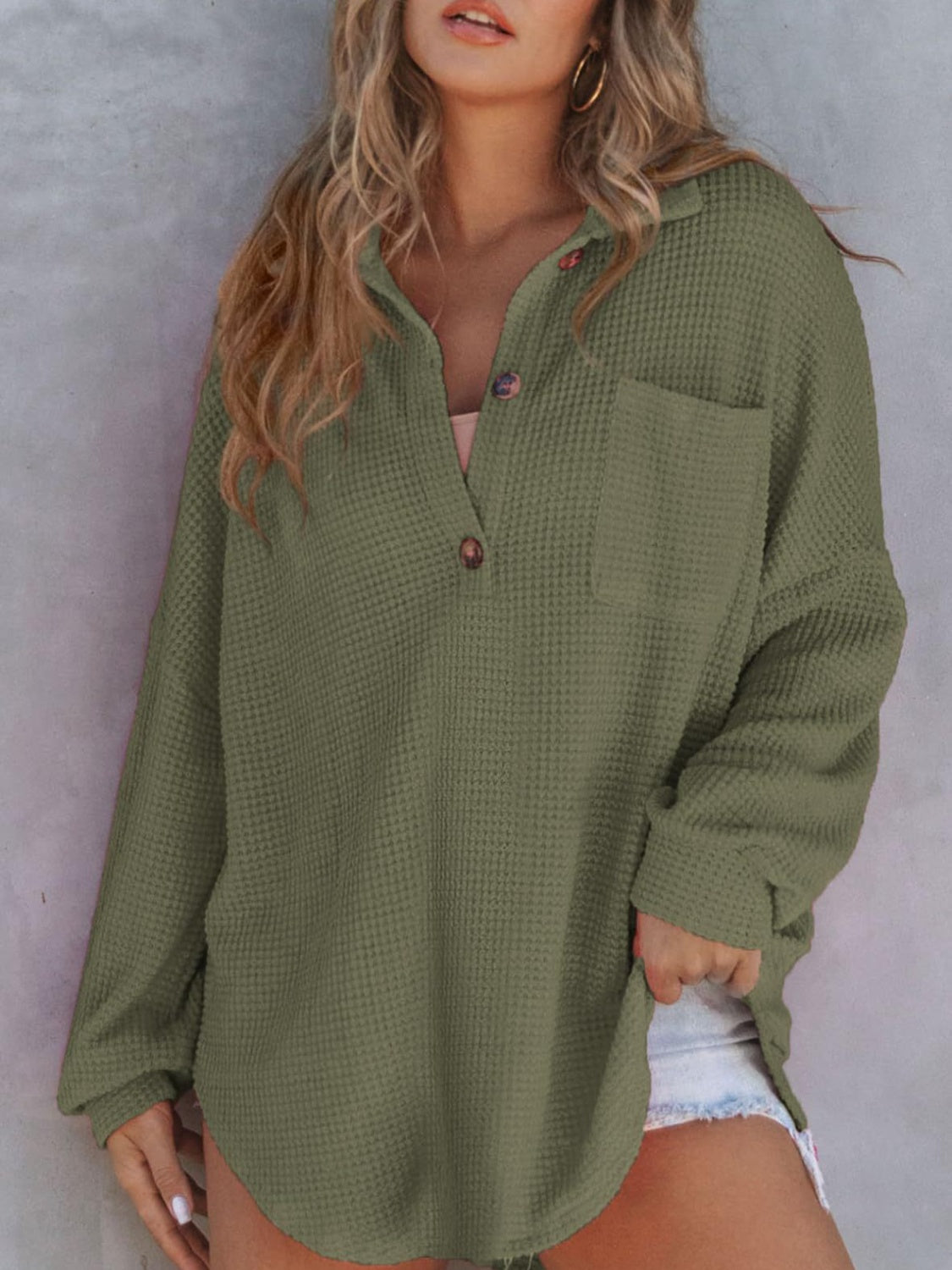 Waffle-Knit Dropped Shoulder Long Sweatshirt