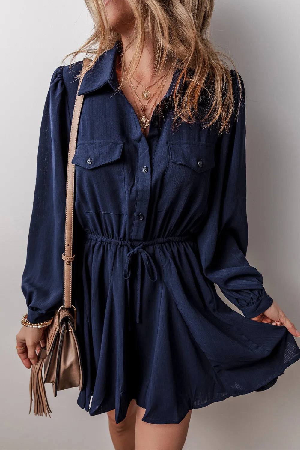 Drawstring Half Button Dress