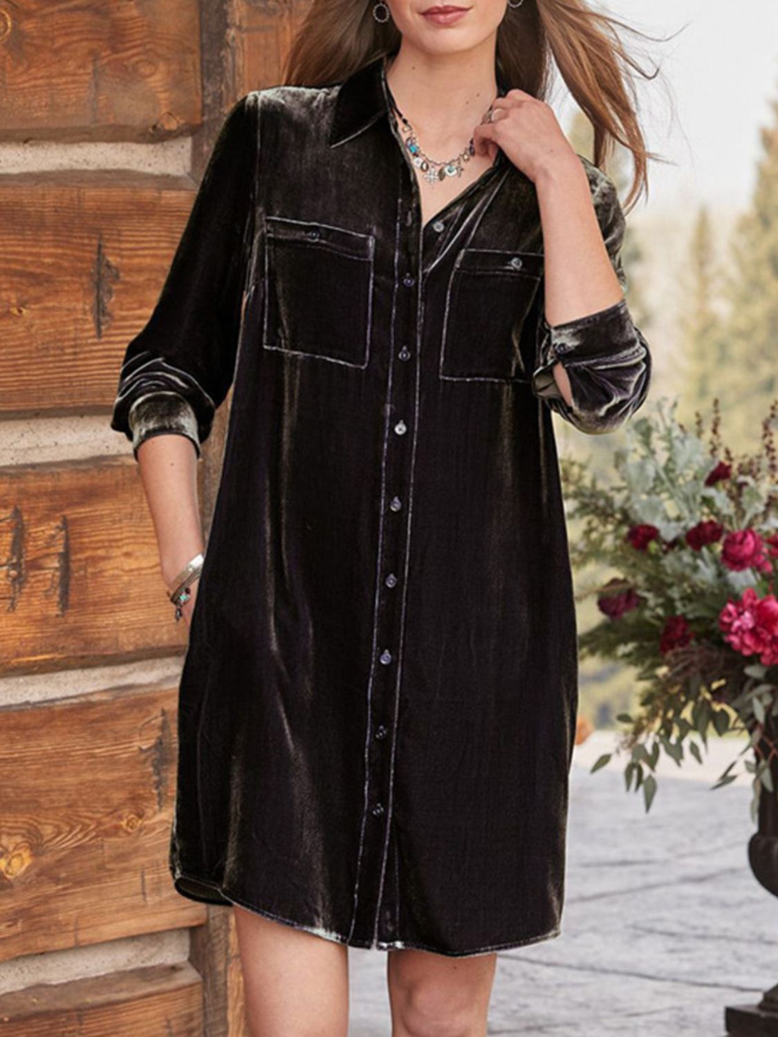 High-Low Button Up Velvet Dress