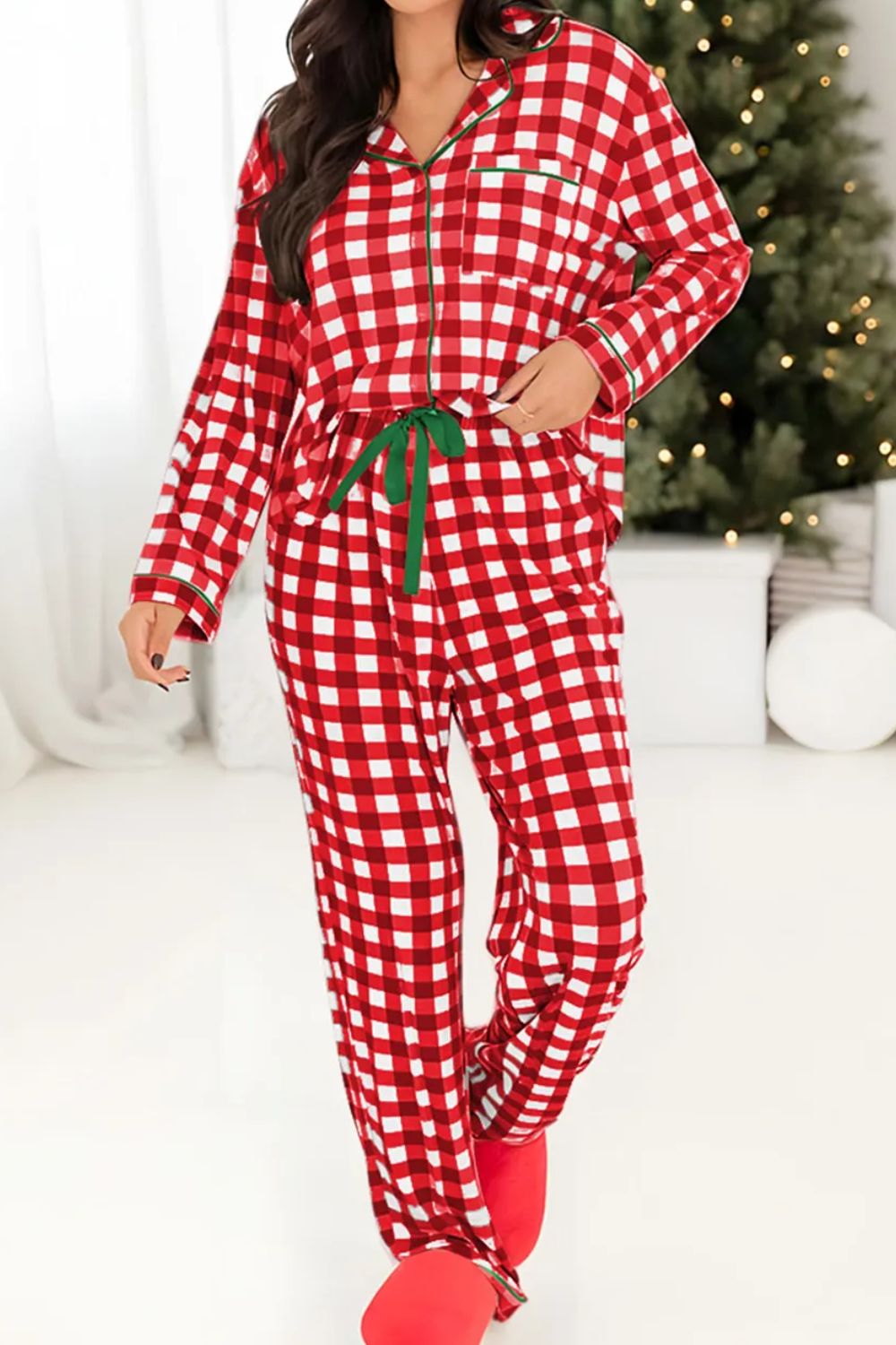 Contrast Piping Plaid Lounge Set