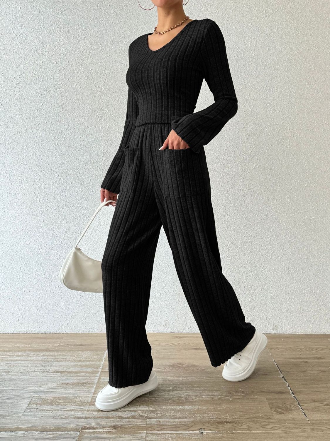 Ribbed Long Sleeve Top and Pants Set