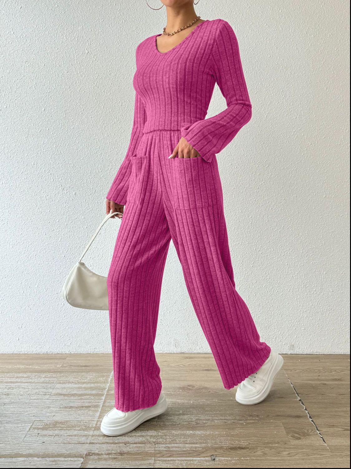 Ribbed Long Sleeve Top and Pants Set