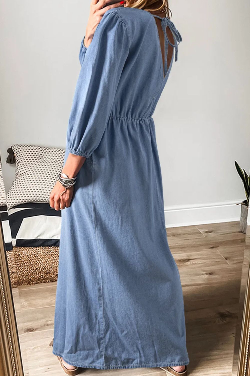 Plunge Three-Quarter Sleeve Denim Dress