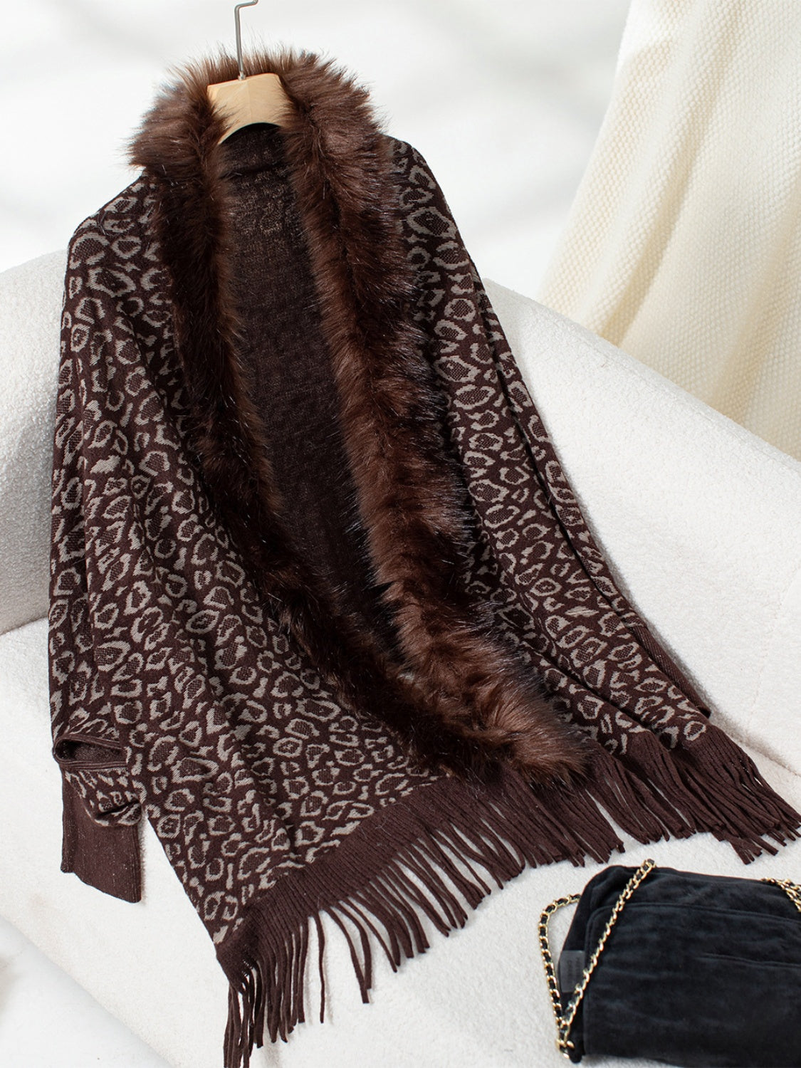 Fringe Leopard Open Front Poncho