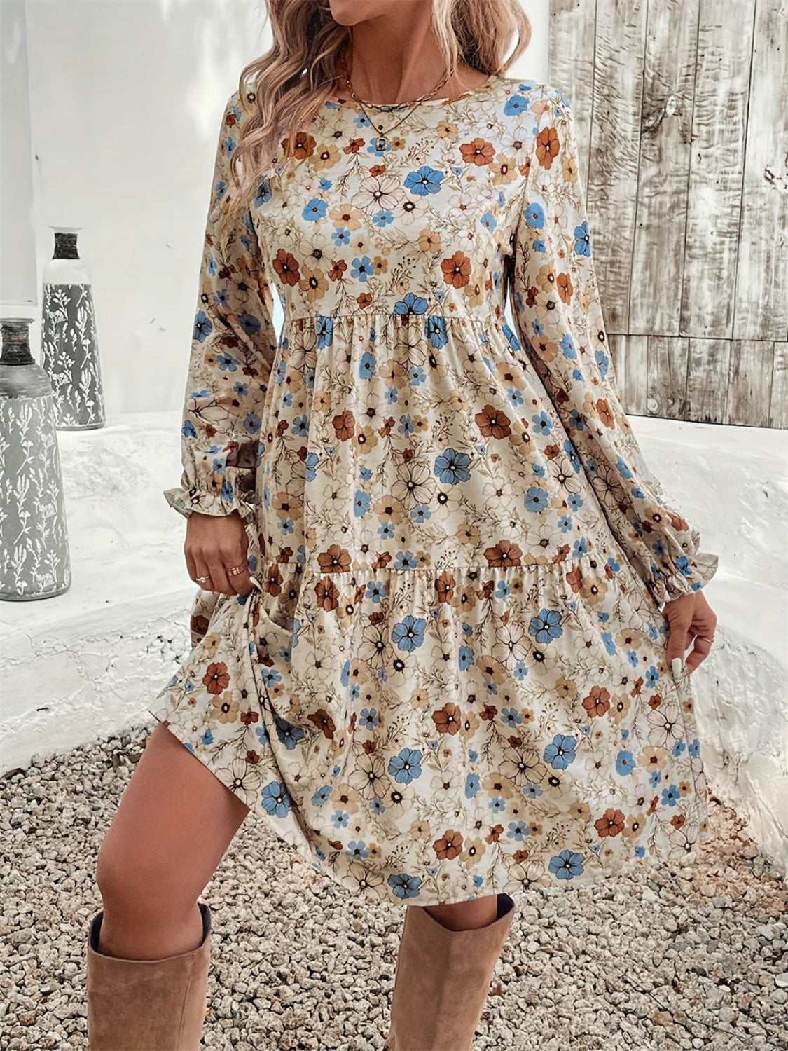 Floral Ruffled Long Sleeve Dress