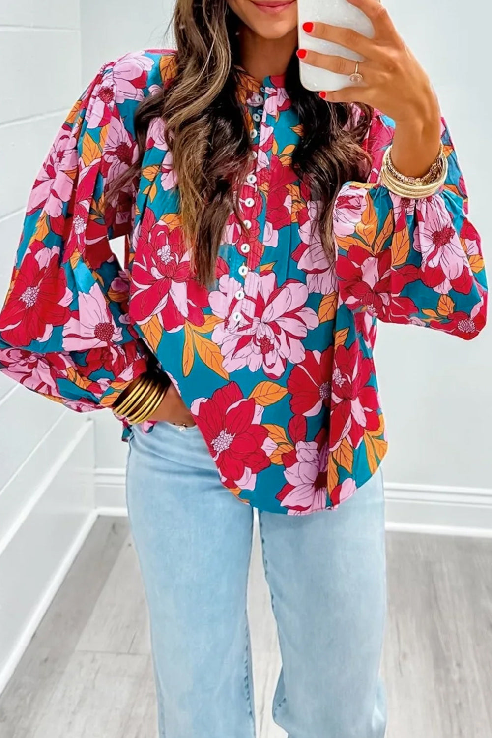 Floral Half Button Balloon Sleeve Blouse