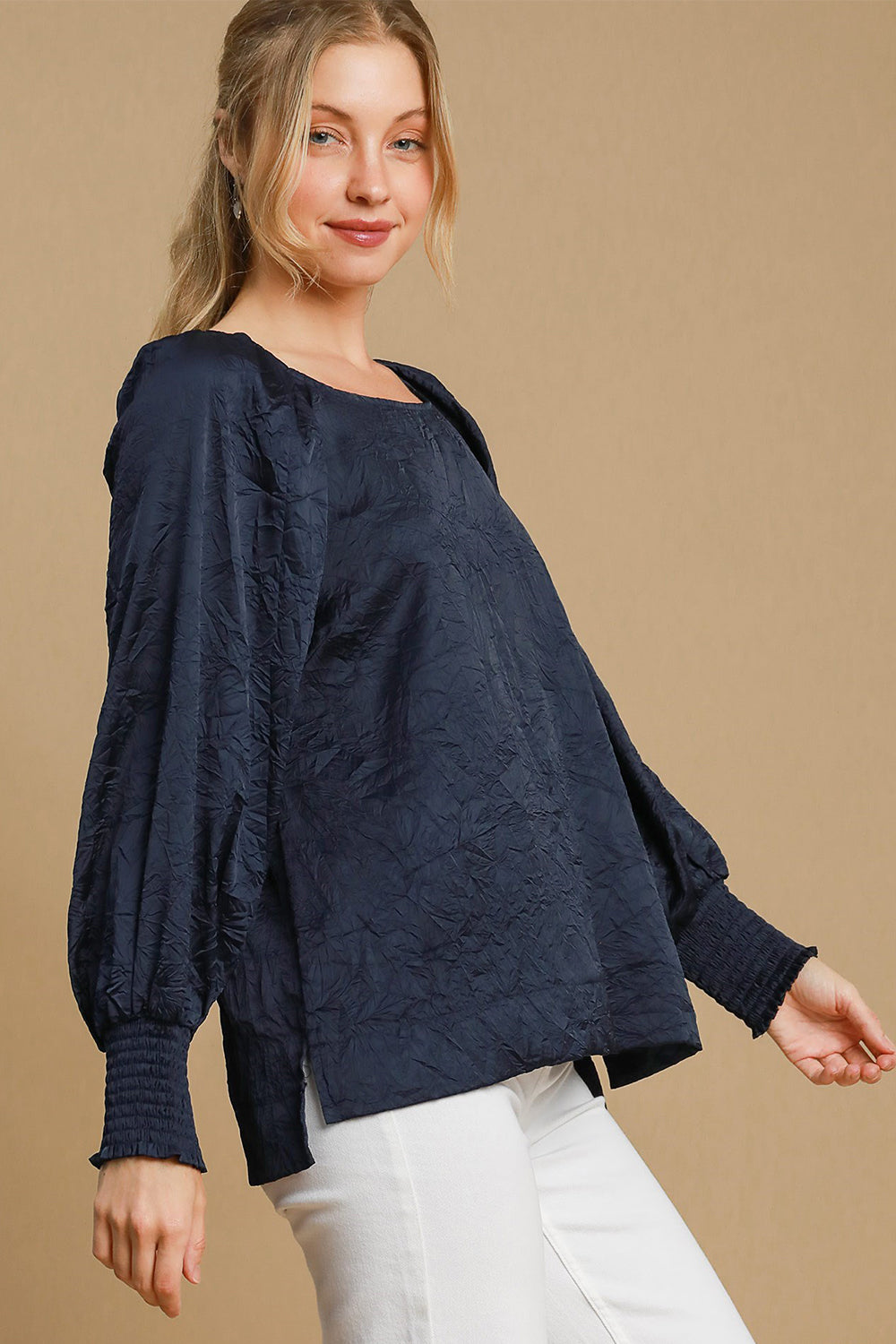 Wrinkled Lantern Sleeve Blouse