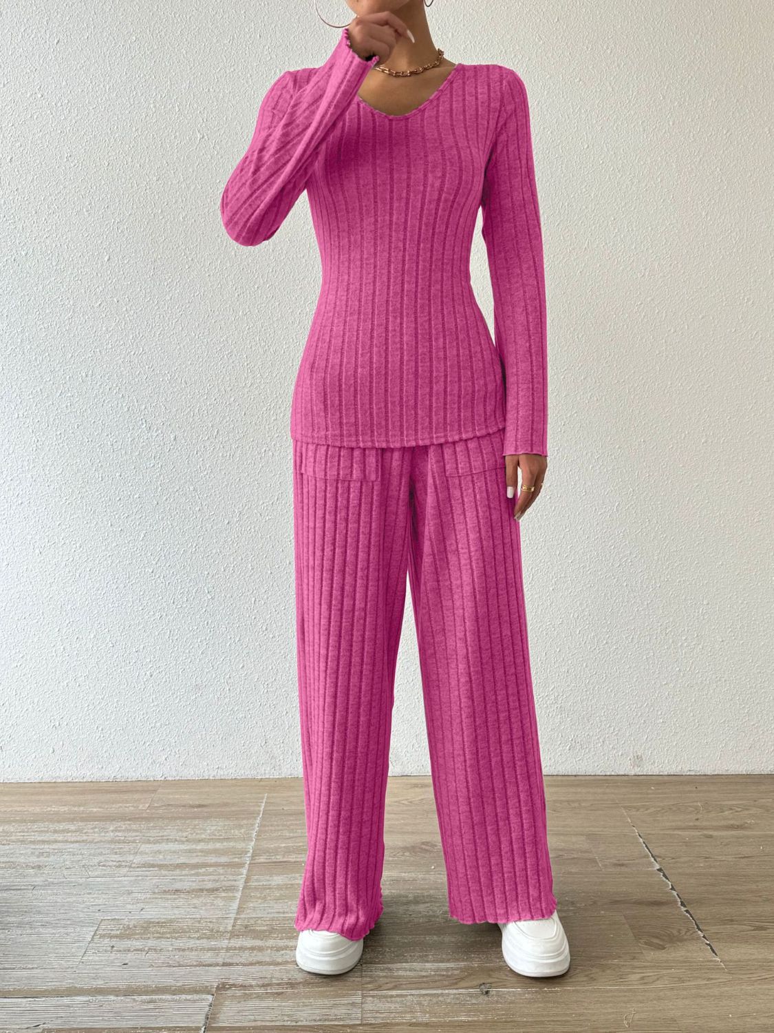 Ribbed Long Sleeve Top and Pants Set