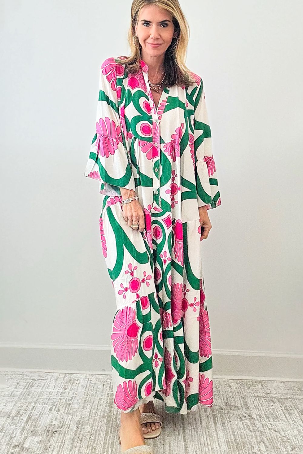 Pink Abstract Half Button Maxi Dress