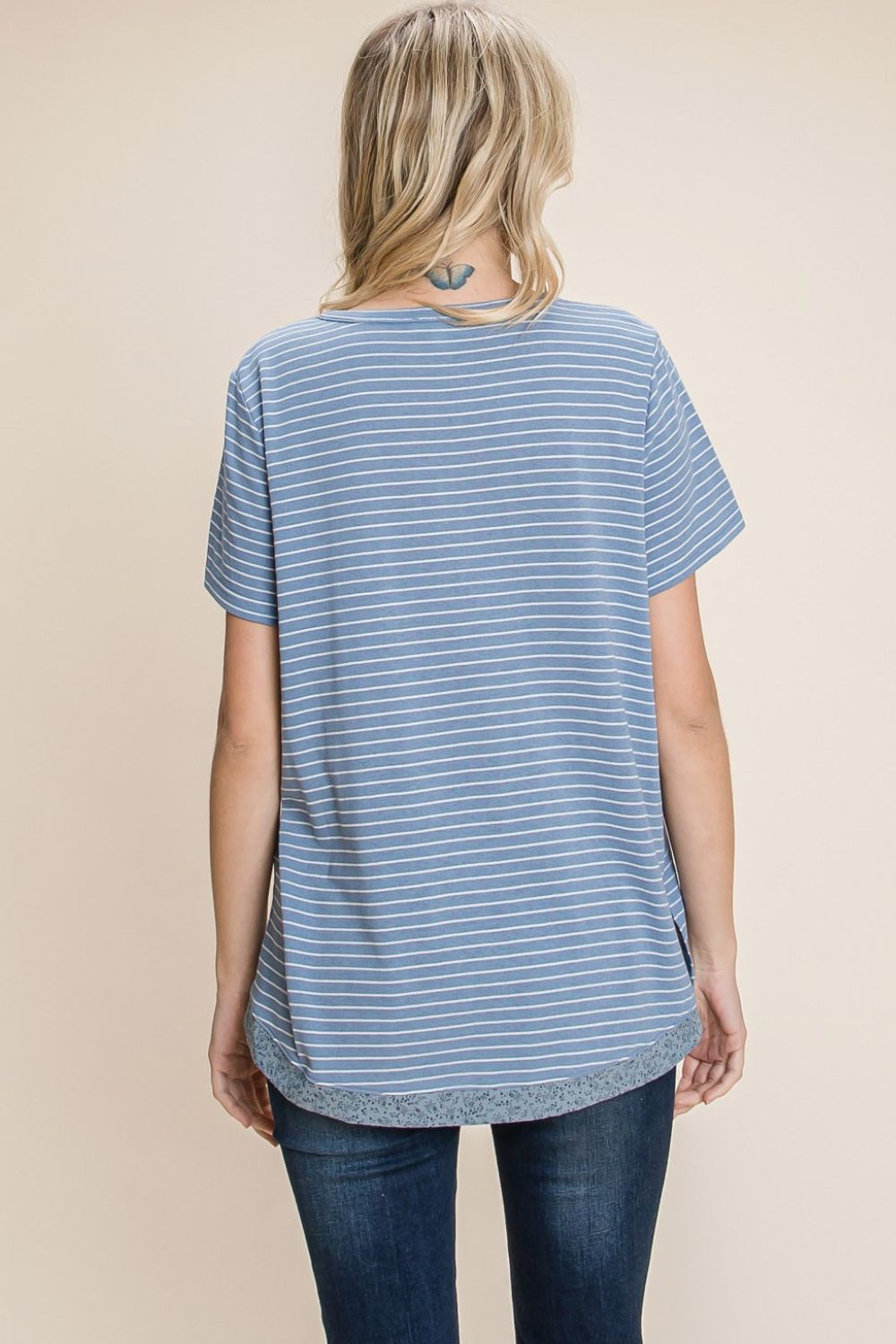 Denim Stripe Notched T-Shirt