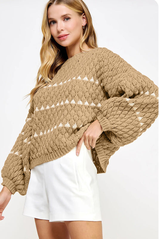 Contrast Knit Puff Sleeve Sweater