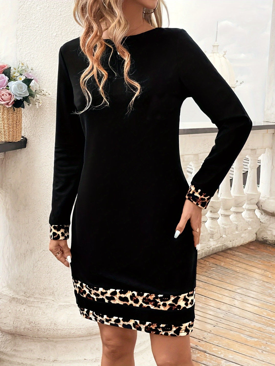 Leopard Trim Long Sleeve Mini Dress