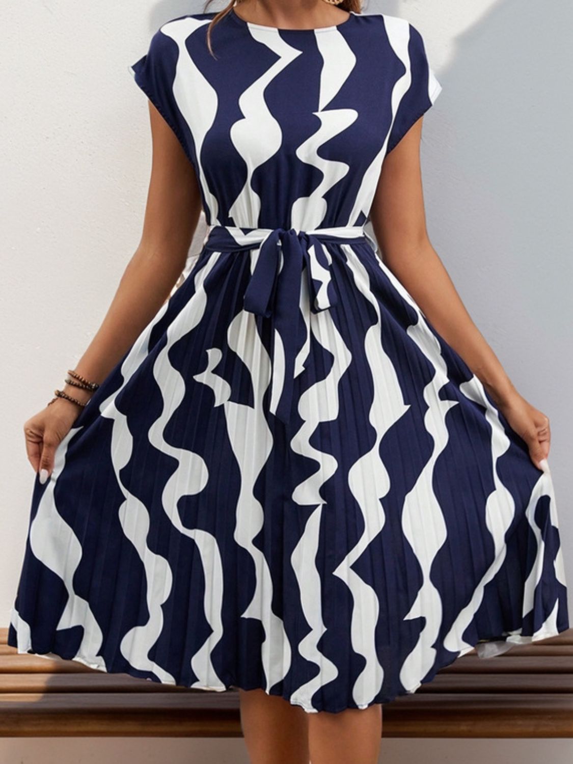 Pleated Cap Sleeve Dress