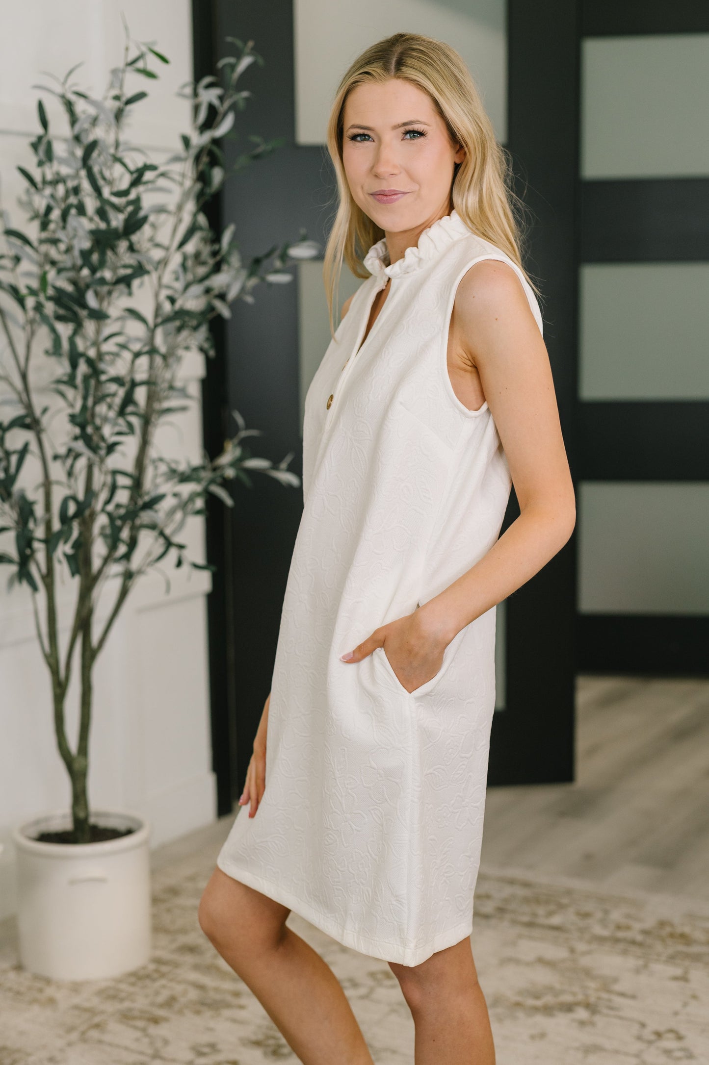 High Tide Embossed Sleeveless Dress in Off White