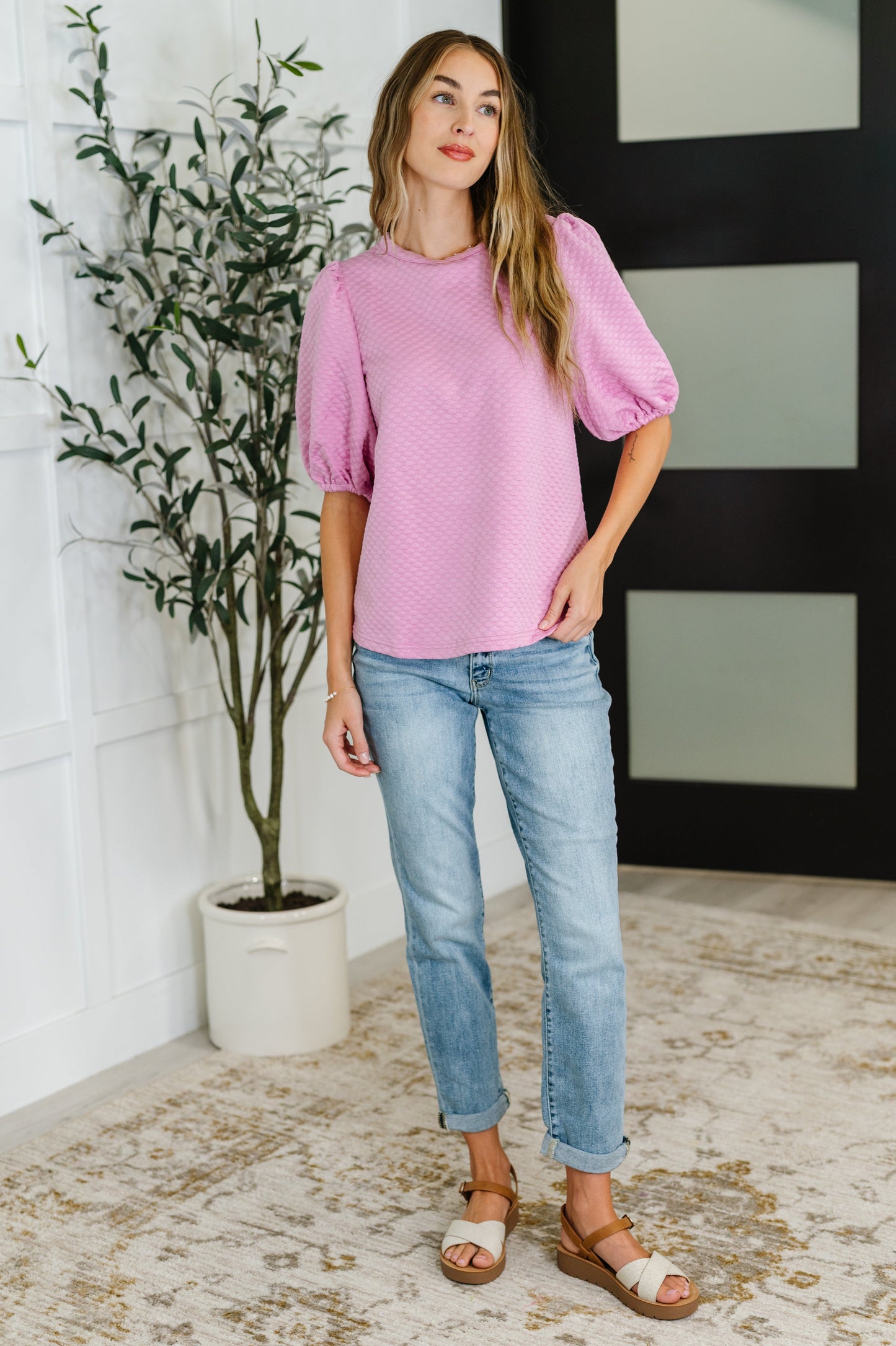 Textured Balloon Sleeve Blouse