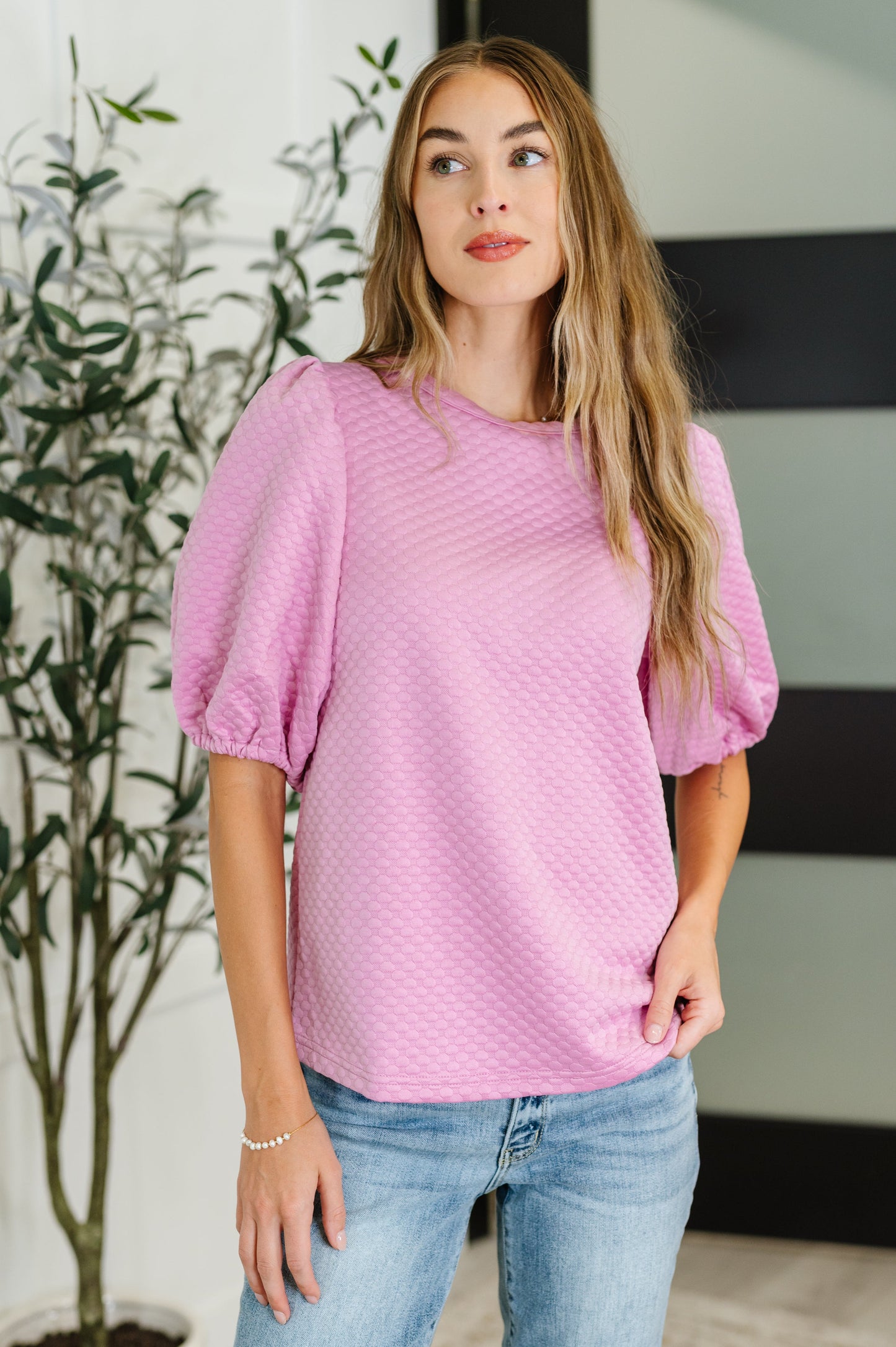 Textured Balloon Sleeve Blouse