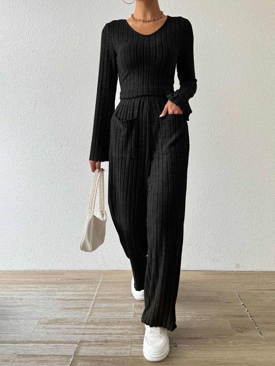 Ribbed Long Sleeve Top and Pants Set