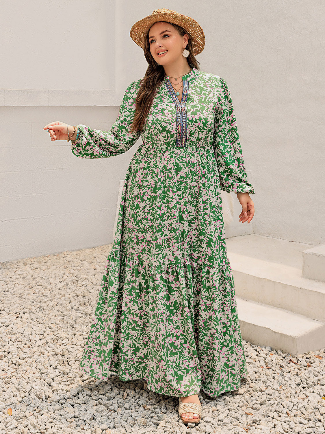 Plus Size Boho Notched Maxi Dress