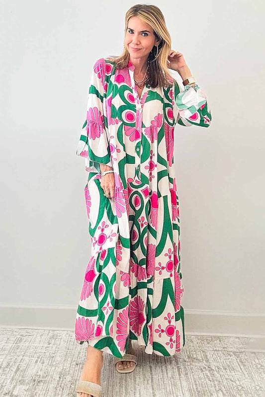 Pink Abstract Half Button Maxi Dress