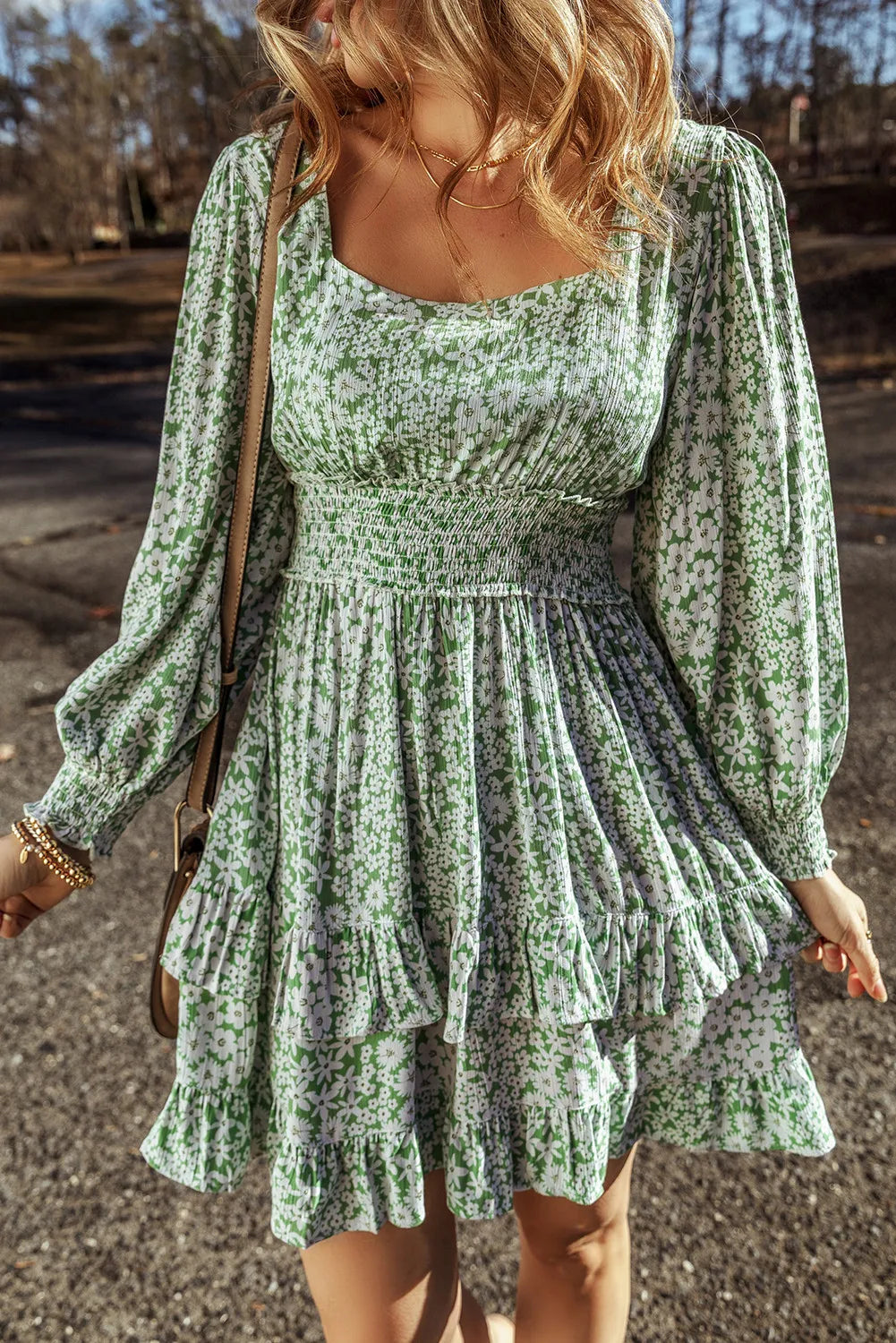 Boho Floral Square Neck Dress