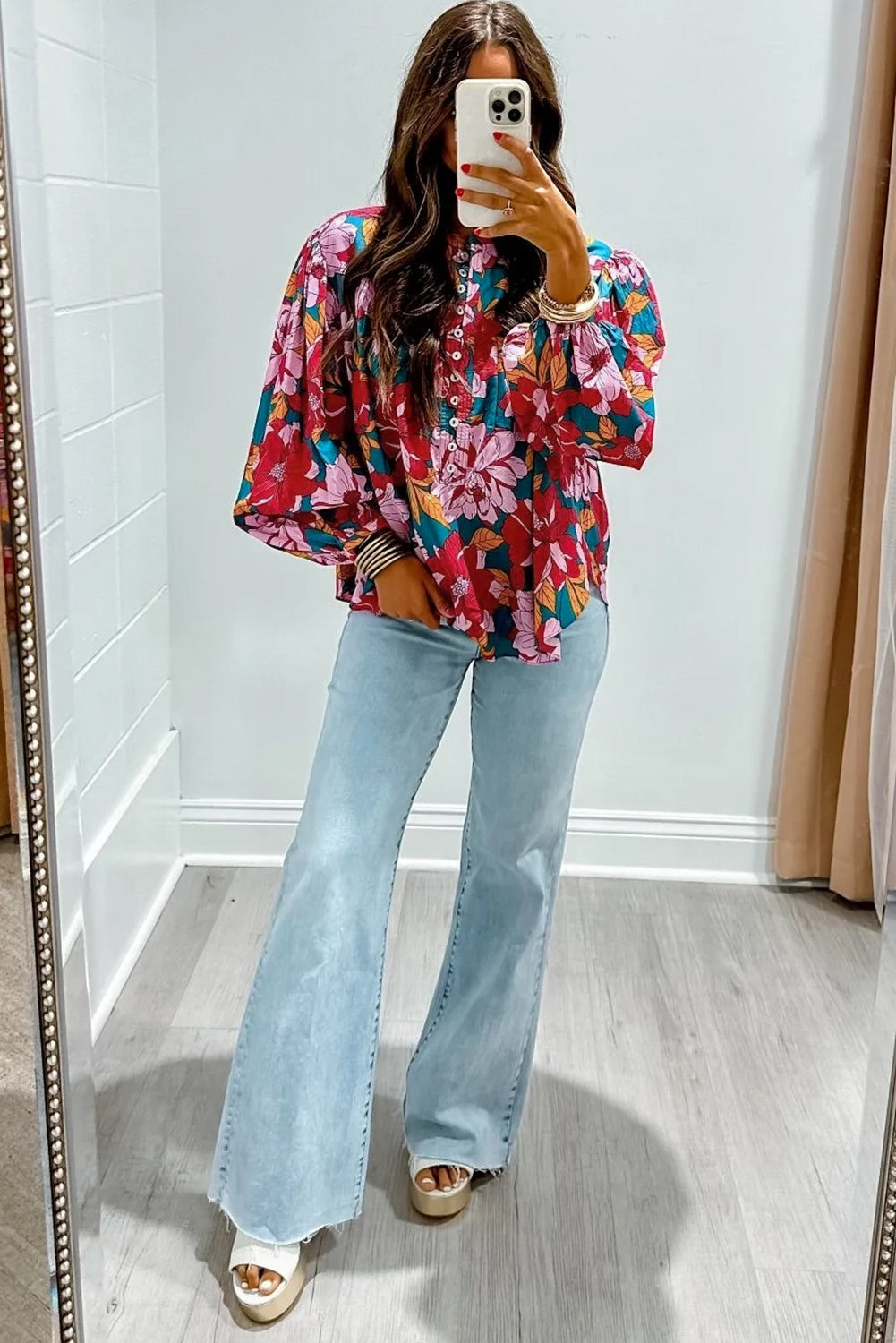 Floral Half Button Balloon Sleeve Blouse