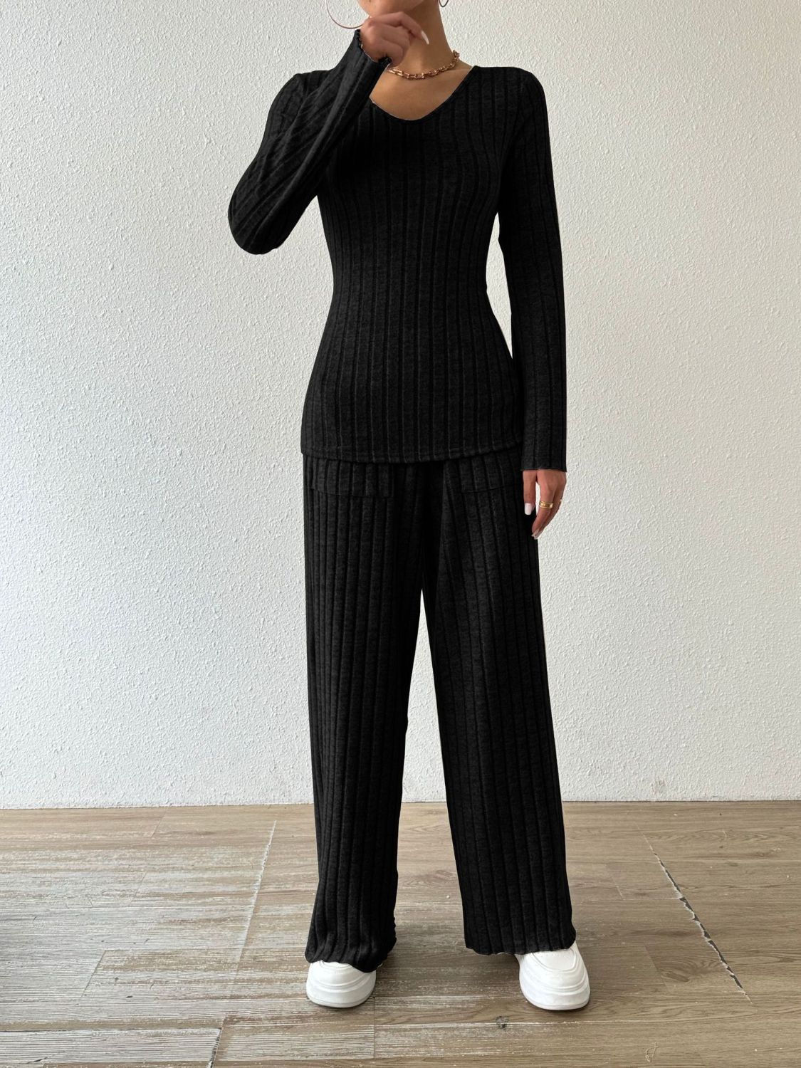 Ribbed Long Sleeve Top and Pants Set