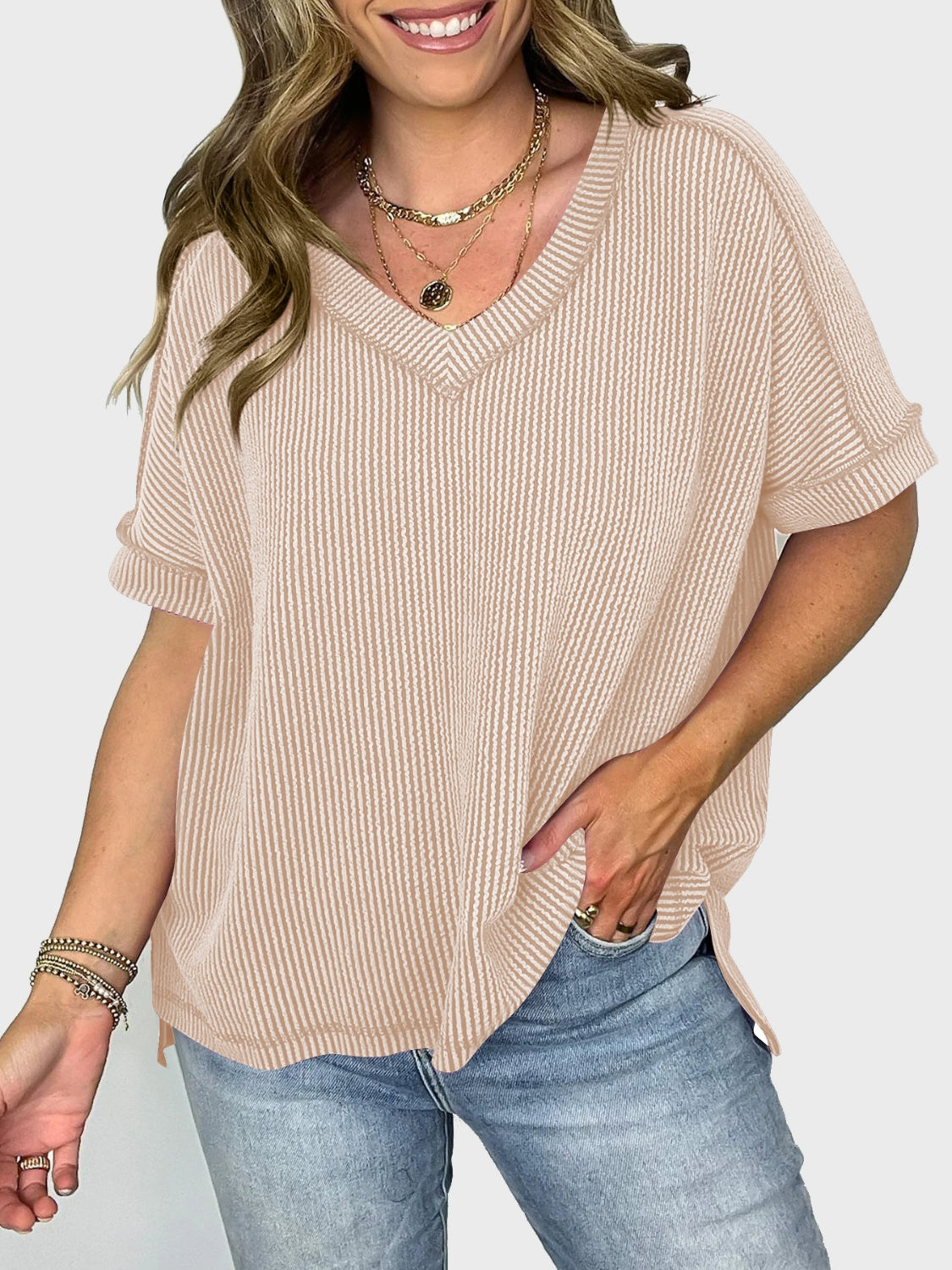 Casual Rib Knit High Low Tee